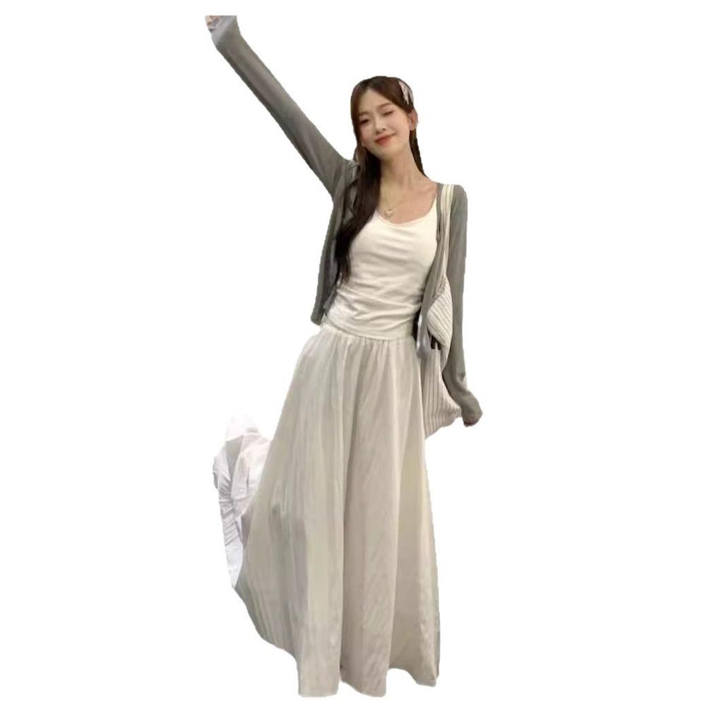 Damesommerhvitt midiskjørt og cardigan tredelt sett - Elegant og moden stil, gudinnevibb, langermet