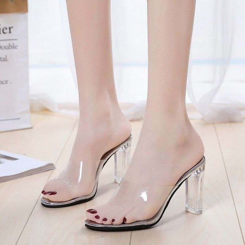 

Crystal high heels women s new rhinestone lace bow Korean version temperament versatile open-toed transparent one-word slippers summer 39
