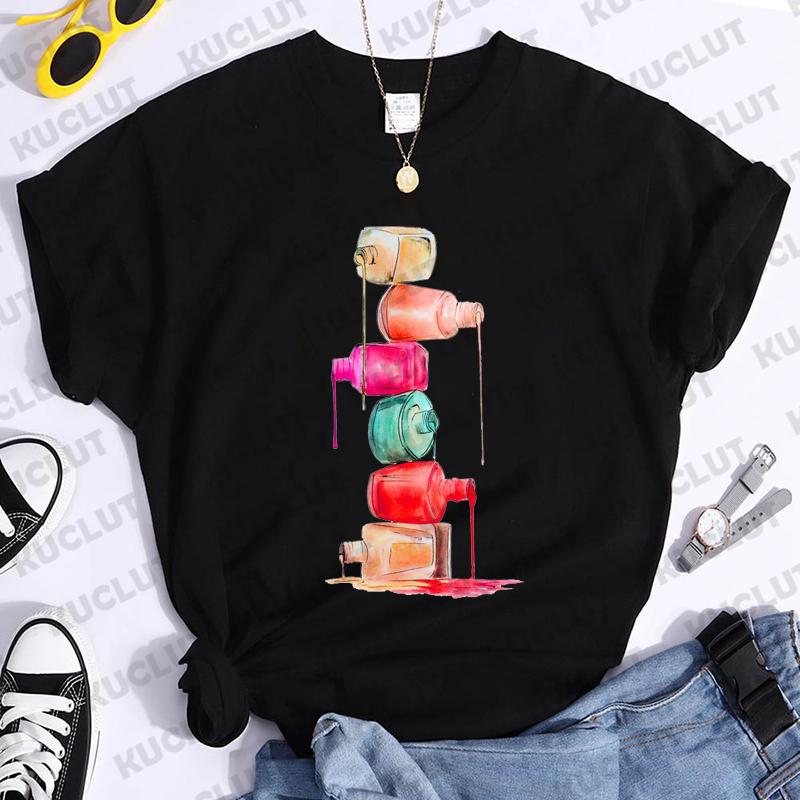 Nail Polish Print Tshirt Unisex Makeup Beauty Aesthetic Graphic T Shirt Female Tee Tops Cosmetics Black Tshirt Ladies Tee Clothes