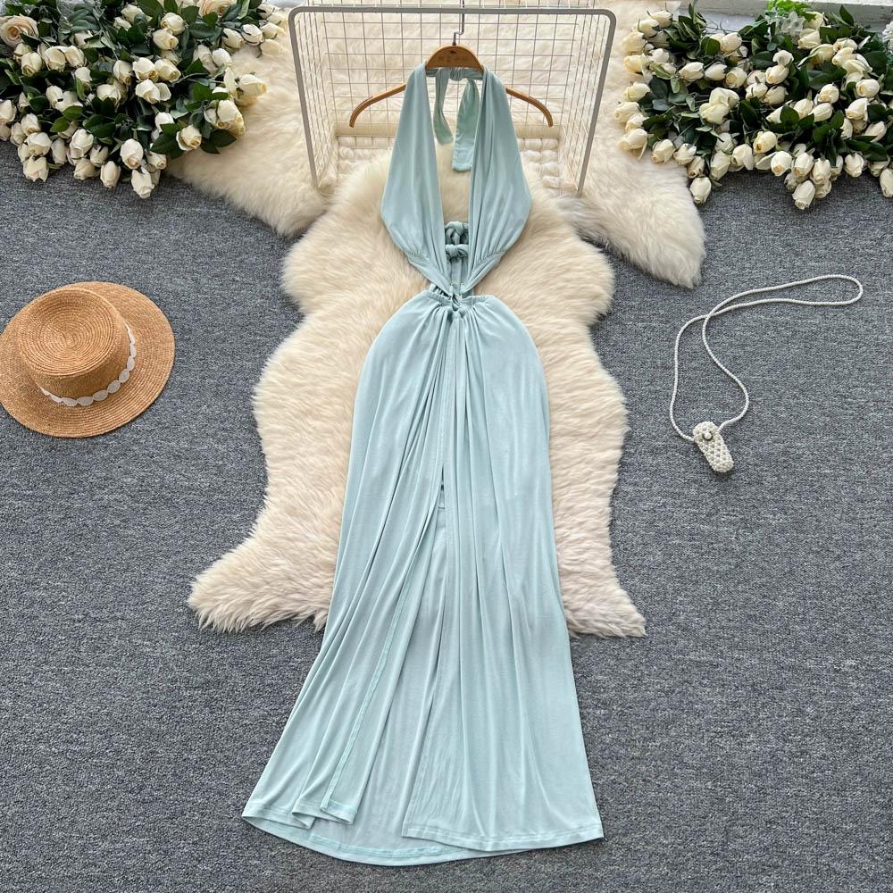 

Летние женские сексуальные платья макси с глубоким V-образным вырезом, халтер, открытой спиной, на бинтах, длинные, праздничные, для отдыха на море L зелёный