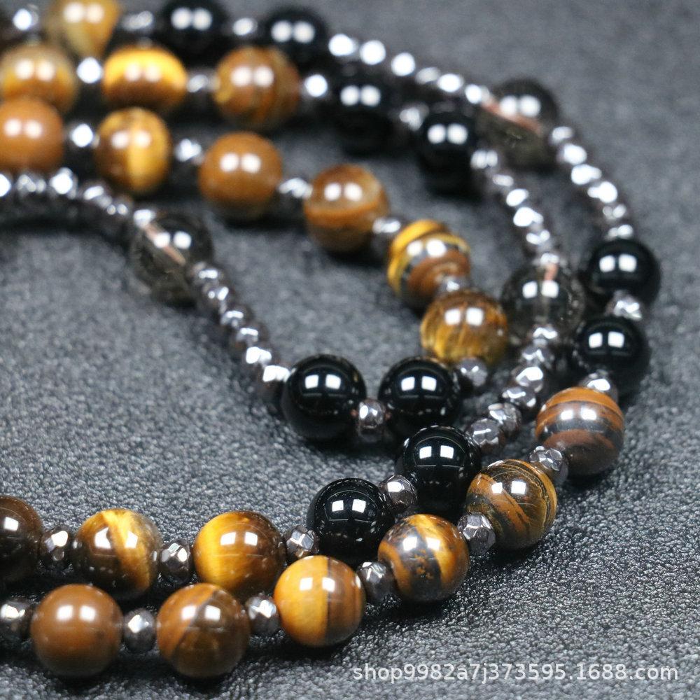 Collier pendentif croix en pierre naturelle, Croix en pierre d'œil de tigre et fer à bille chapelet collier pour homme