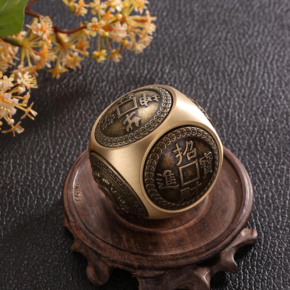 Brass Rotating Handle with Six-Sided Ball and Five Emperors Coins Desktop Ornament