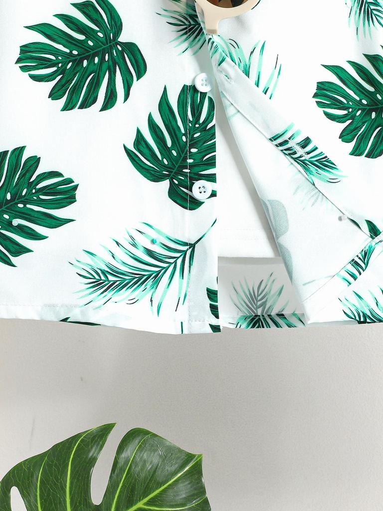 Boys' Tropical Leaf Print Shirt & Shorts 2Pcs Outfit