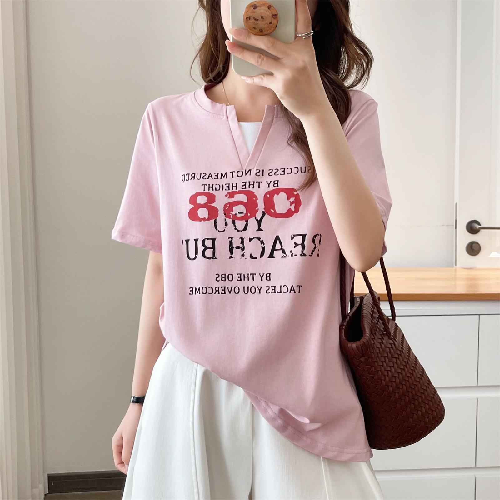 2026 Plus Size Women s V-Neck Faux Two-Piece Short-Sleeve Printed Top 2XL
