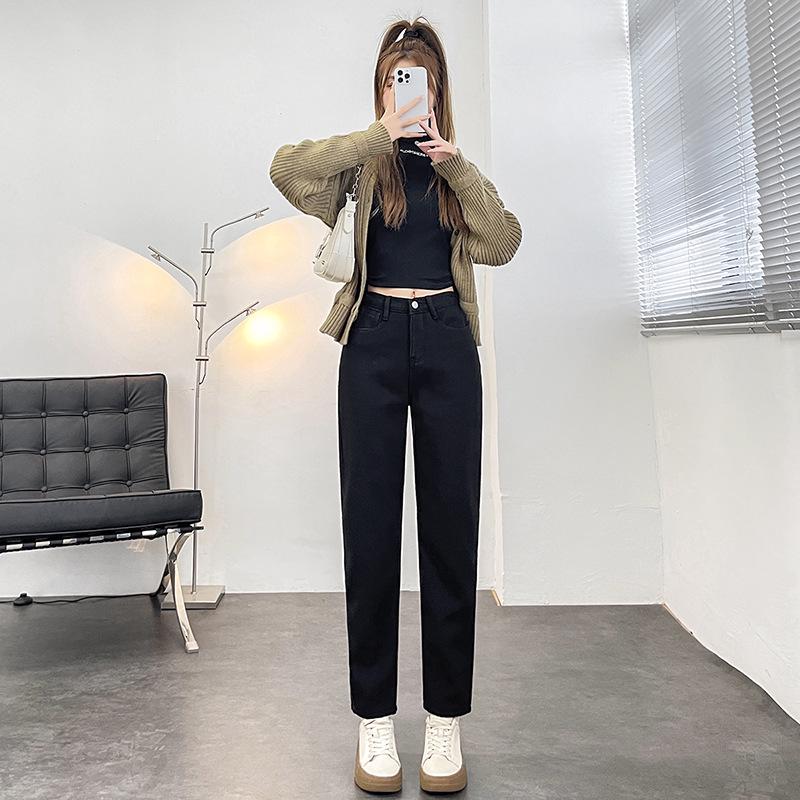 

Women s High Waist Velvet-Lined Jeans - Autumn/Winter 2023 Harajuku Style, Straight Leg, Elastic Waist Large