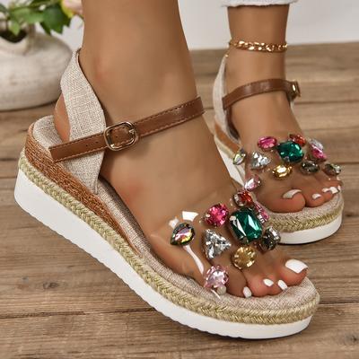 Rhinestone Sandals Women's Summer New Wedge Heel with Open Toe Fashionable and Comfortable Fish Mouth Sandals Women