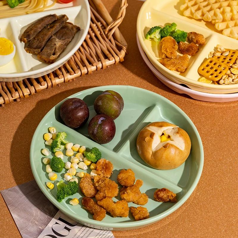 Runde Dreifach-Gitterplatte Keramik 211 Fettreduzierende Gitterplatte Frühstück Separate Teller Erwachsene Kinder Gewichtsverlust Obstplatten