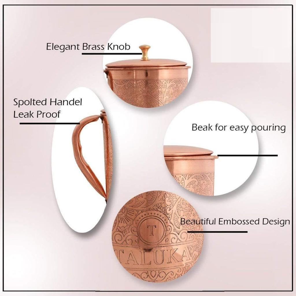 Handmade Copper Etching Embossed Jug & Glass Set 1500 ML Jug with 2 Copper Glass Pitcher for Storage Water & Serving Ware Set of 3