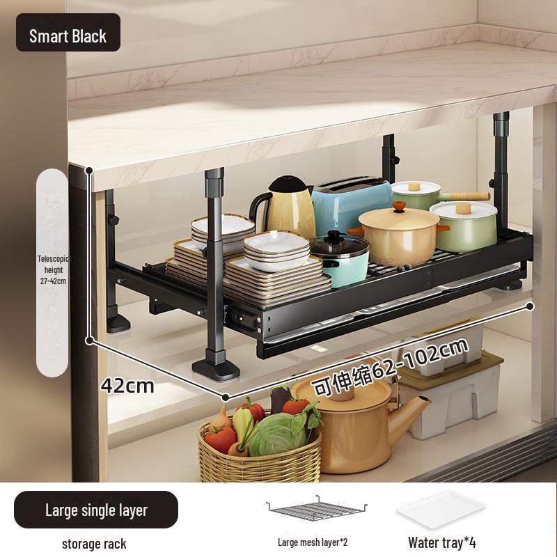 Under-Sink Kitchen Cabinet Storage Rack with Drawer and Tiered Basket