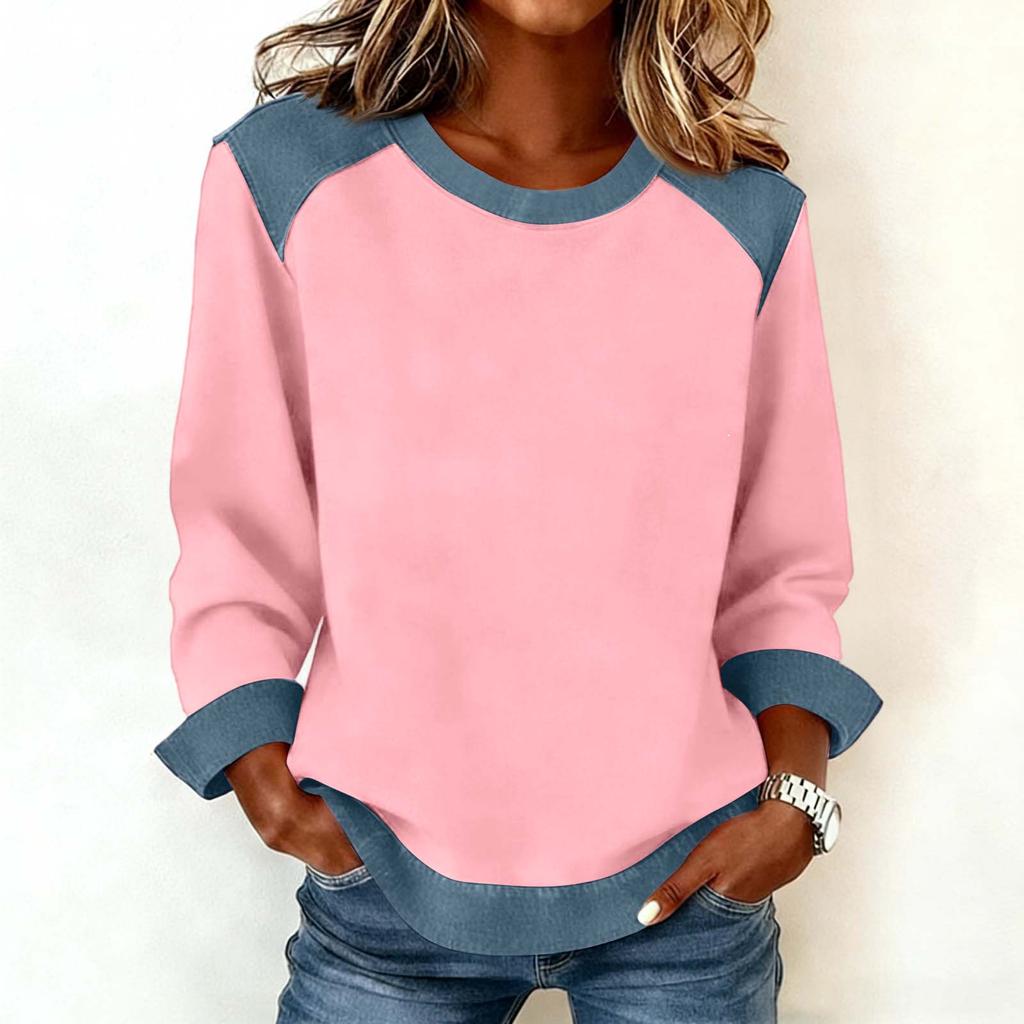 Damen Jeanskragen Patchwork Nähte Sweatshirt Lässig Pullover Langarmshirts