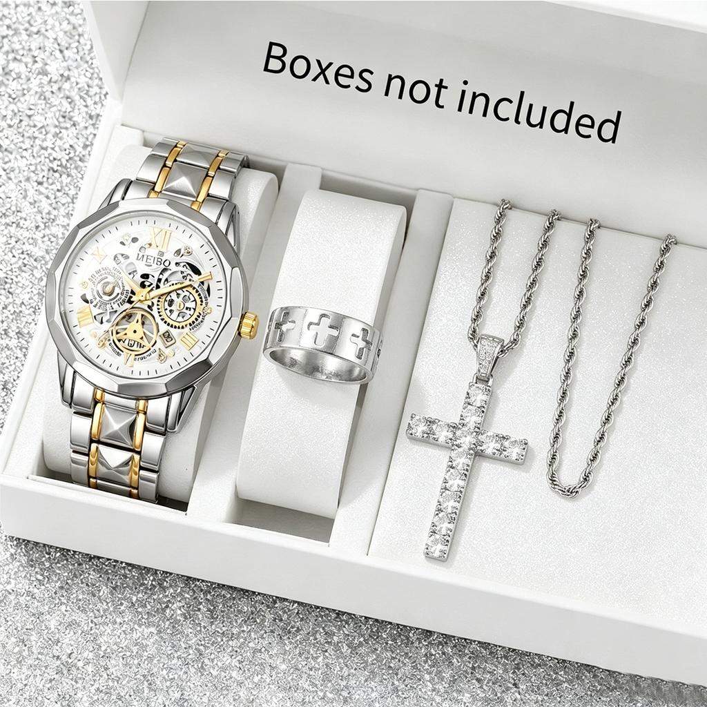 Xiaomi 3PCS Luxury Stainless Steel Men Business Watches Rhinestone Jewelry Set Calendar Quartz Wristwatch Relogio Masculino(Without Box