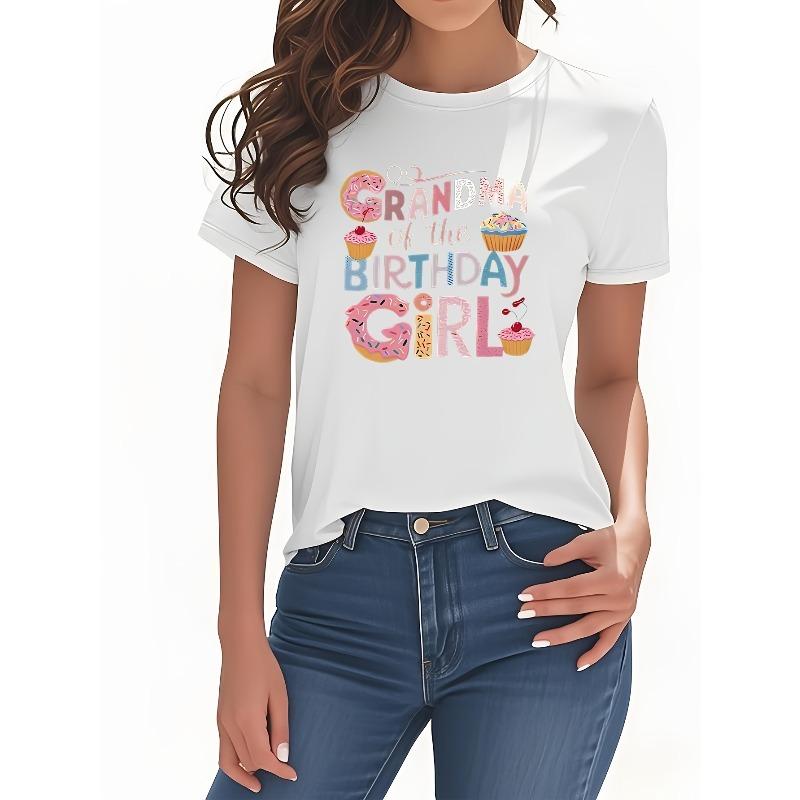 

Grandma of the Birthday Red T-Shirt with Cupcake & Cake Design - Casual Short Sleeve Round Neck Tee for Women S белый