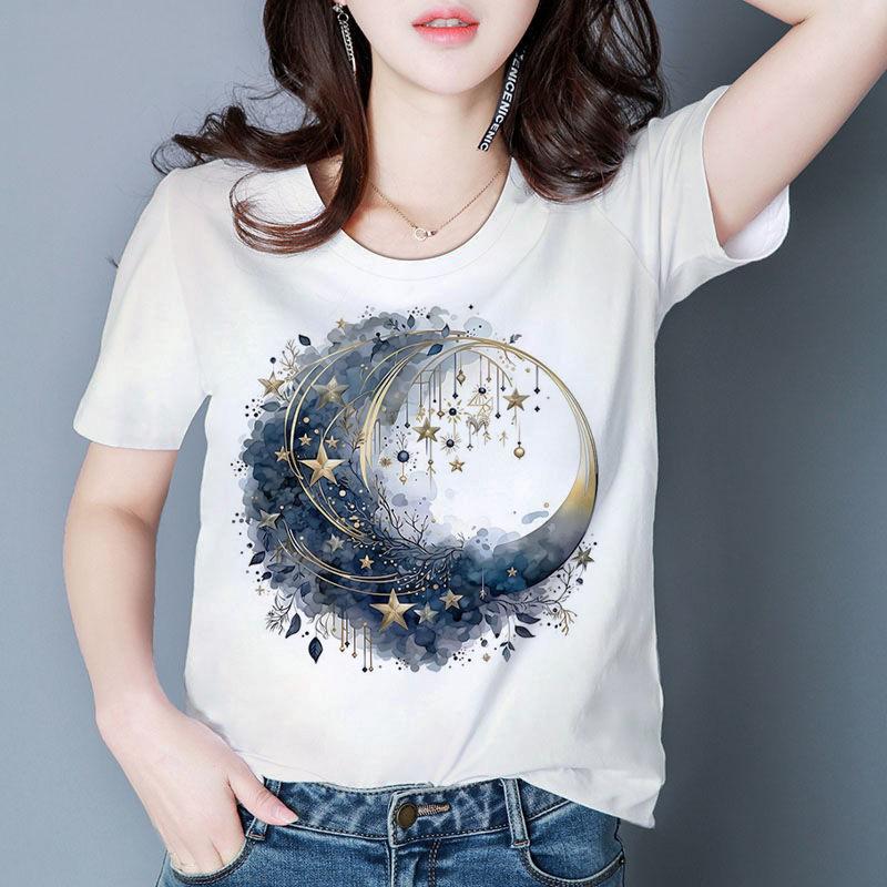 Sommer Neues Individuell Bedrucktes Modisches Damen-T-Shirt Personalisiertes Mondmuster Rundhals-T-Shirt für Damen Harajuku Ästhetik