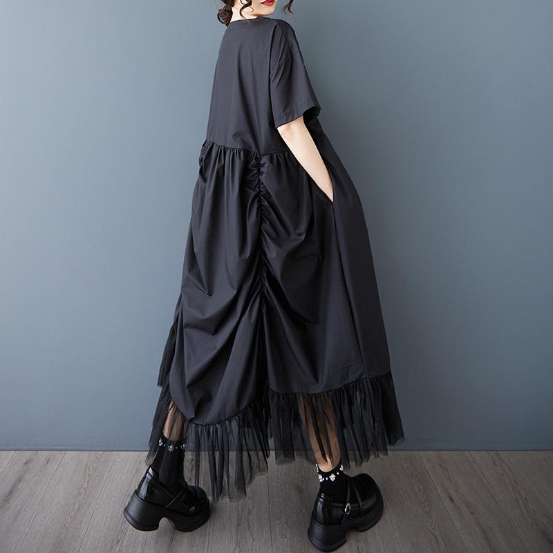 Kurzarm Plus Size Schwarzes Vintage-Kleid, neu in Kleidern für Damen, lässig, locker, lang, Sommerkleid