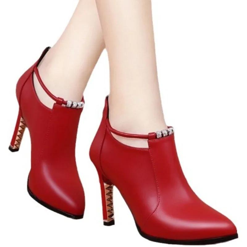 Dámské elegantní špičaté kotníkové boty podzim zima červené s přezkou na pásku PU kůže krátké boty žena tenký podpatek párty boty