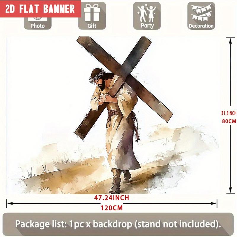 Jesus Carrying Cross Religious Backdrop Banner, 90.5x70.8 in, Crown of Thorns Design, Polyester Wall Decor for Church Wedding Baptism Christmas Easter