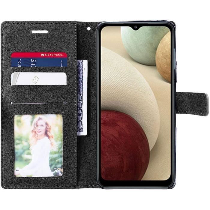 Coque de protection pour Samsung Galaxy A12 - BOOLING - Effet Cuir Noir - Fermeture Magnétique - 2 Verres Trempés