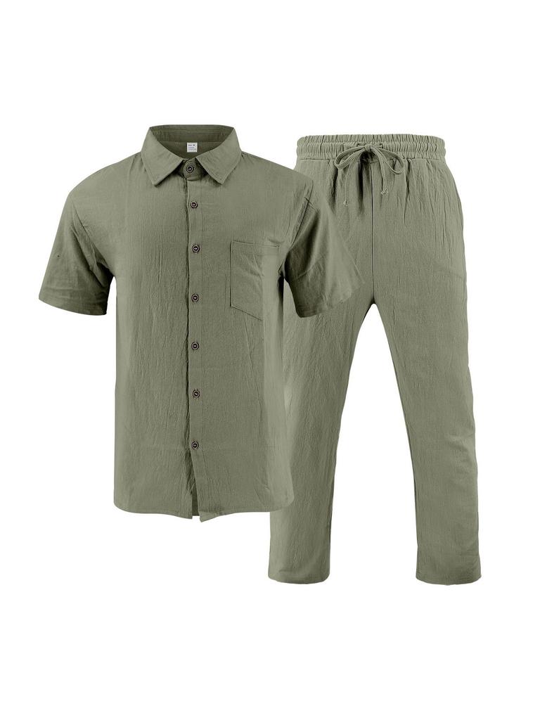 Men's Linen Beach Casual Set: Short Sleeve Shirt & Long Pants Summer Collection