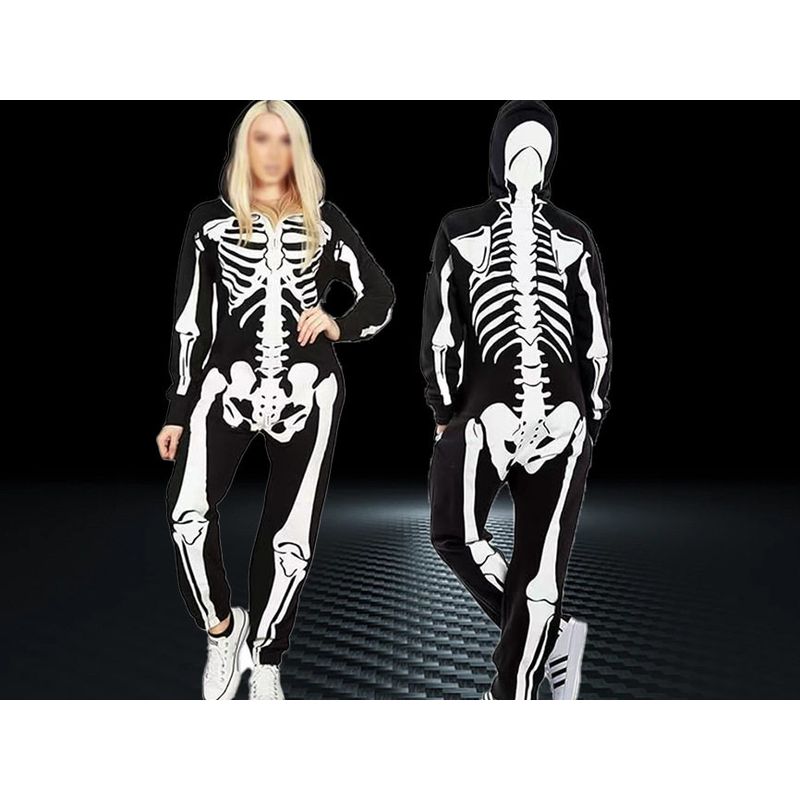 2024 Halloween Cross-Border Amazon New Hooded Skeleton Print Long-Sleeve Long-Pants Jumpsuit Sweatshirt for Women