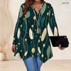 Women Plus Size V Neck Long Sleeve Irregular Split Hem Tunic Top Black Golden Swirl Print