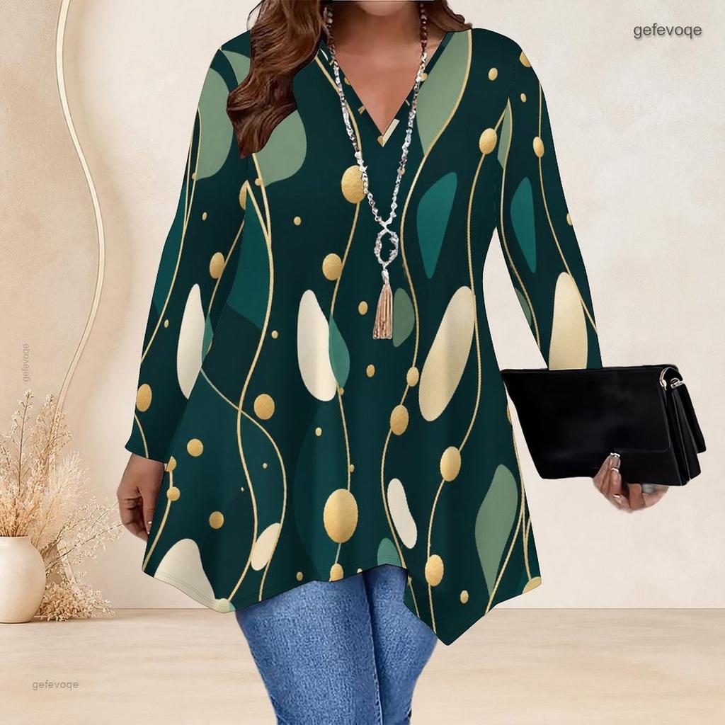 Women Plus Size V Neck Long Sleeve Irregular Split Hem Tunic Top Black Golden Swirl Print