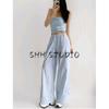 Summer New Product Women's Clothes American Casual Style High Waist Drawstring Decoration Draping Effect Stripes Straight-leg Long Wide-Leg Pants