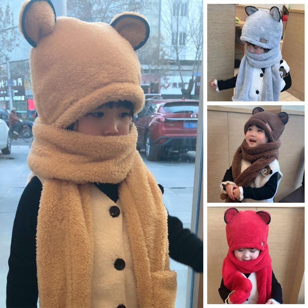 Soft Warm One-Piece Hats Scarf Gloves Plush Ear Protection Hats Lovely Baby Bear Ears Hat Kids