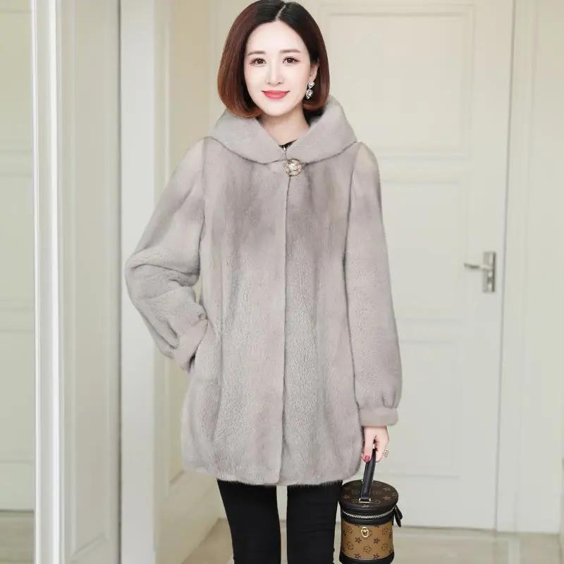 Women Thick Warm Outwear Hooded Mid Length Mink Fur Winter Velvet Overcoat