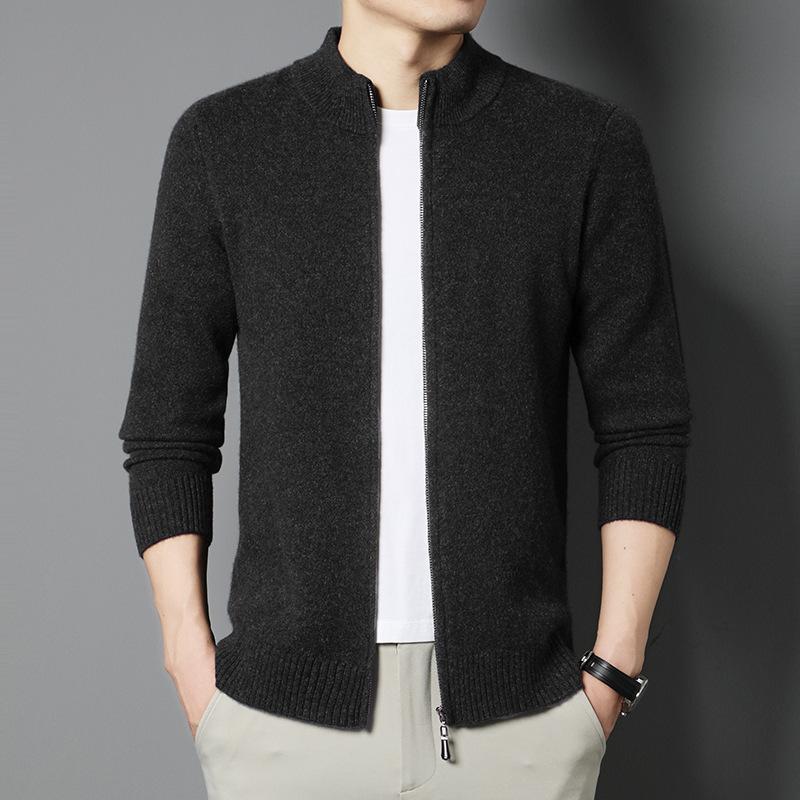100% Wool Thickened Pure Wool 530G Men'S Middle-Aged And Young Leisure Business Long Zipper Cardigan