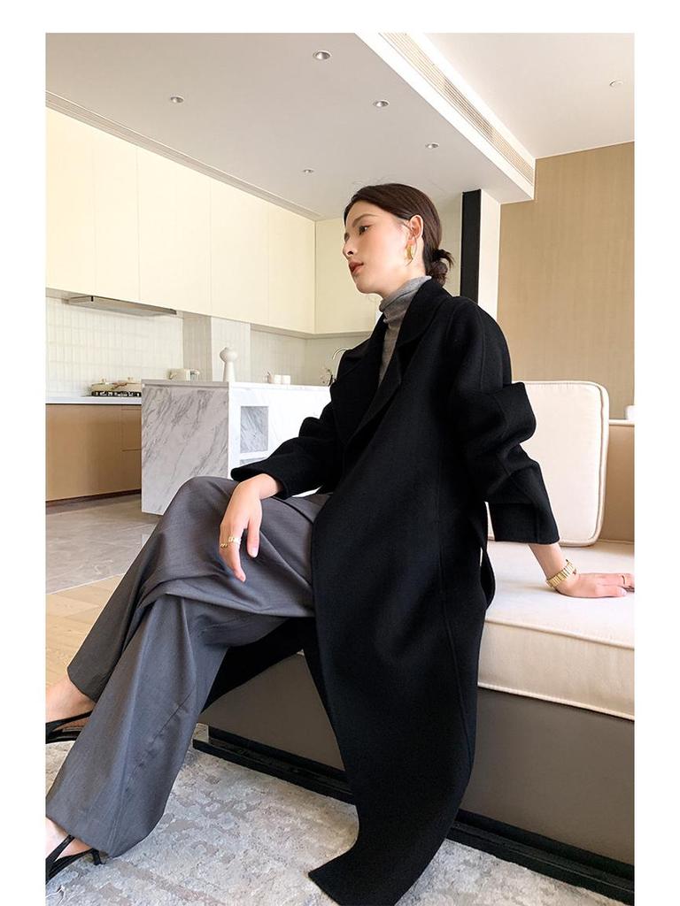 Women's Extra Long Wool Double-Faced Overcoat - Autumn/Winter Fashion with Suit Collar