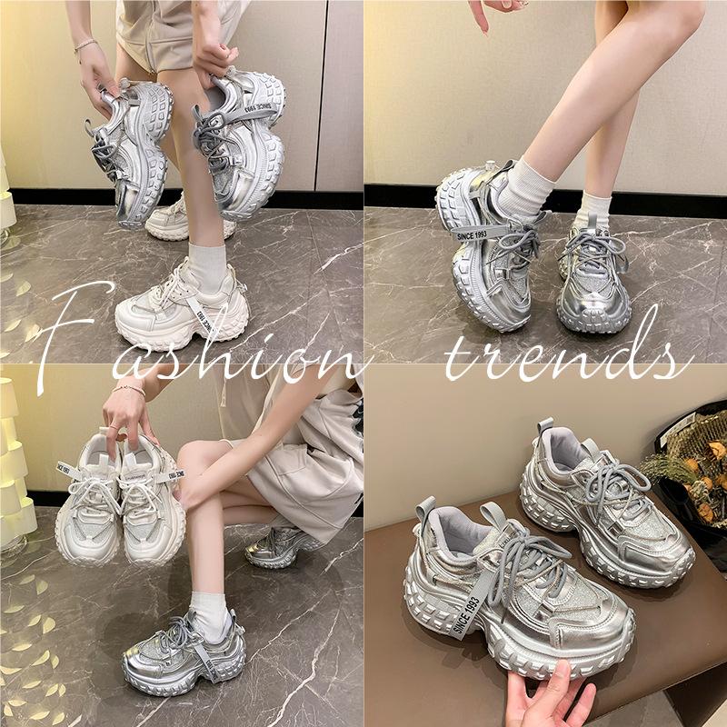 European and American Rhinestone Bright Silk Mesh Breathable Tire Dad Shoes Women 2024 New Muffin Platform Sports Casual Shoes Tide