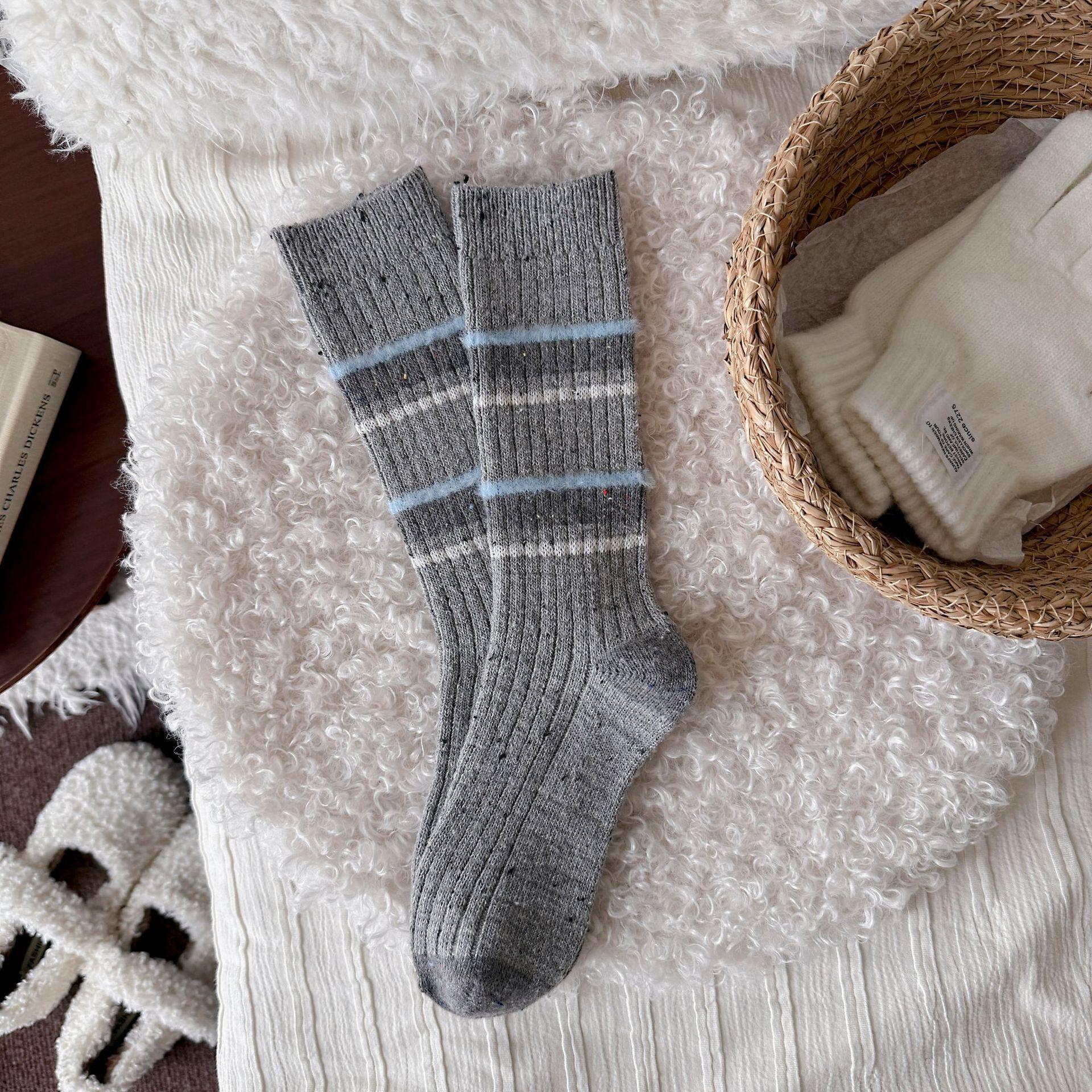 Warm Socks Trendy Yarn Ideas Wool Contrasting Color Stacking Socks Thickened Luli Striped Mink One size fits all светло-серый