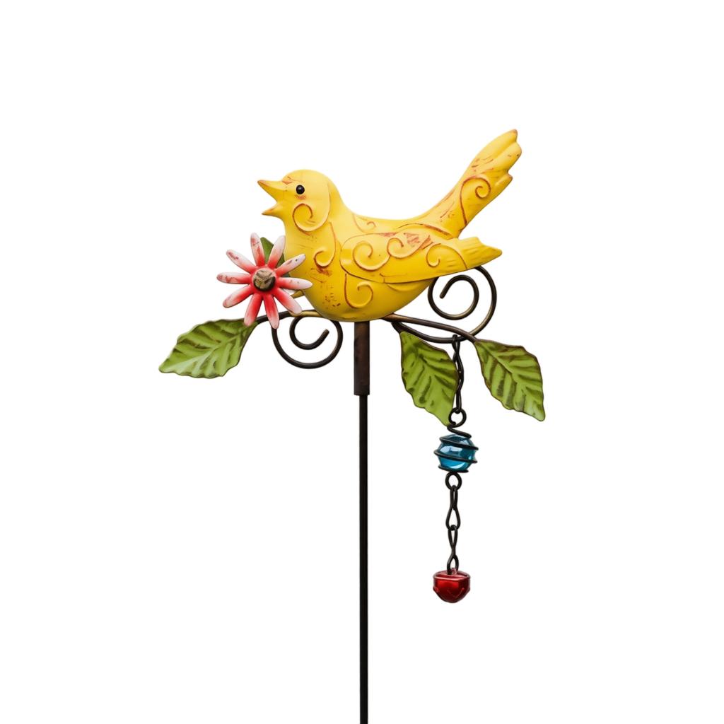 Metal Bird Wind Chime Garden Stake Outdoor Yard Decoration Patio Ornament with Hanging Bell and Floral Design