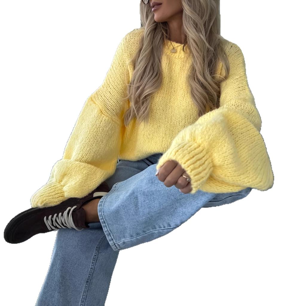 European and American Amazon 2025 New Loose Pullover Knit Sweater for Women, Elegant Casual Crewneck Sweater Top for Women