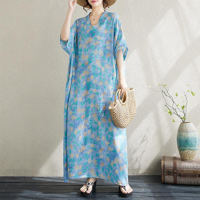 DIMANAF 2024 Plus Size Summer Women Beach Dress Basic Floral Print Loose Style Vintage Long Holiday Dresses