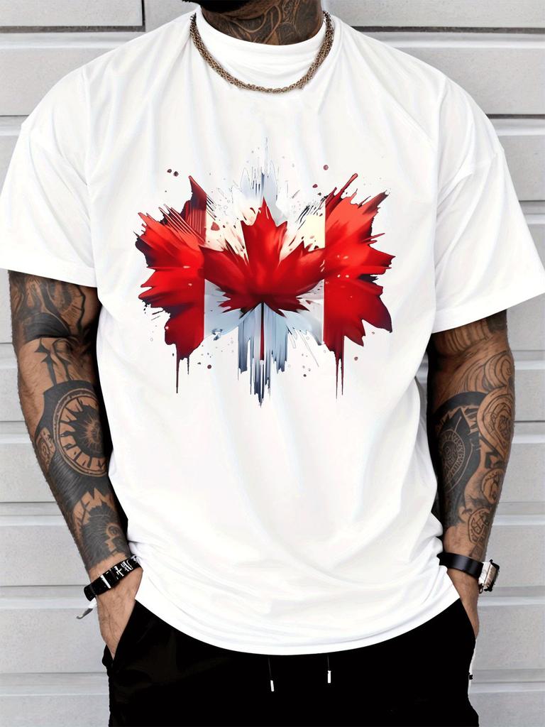 Black Unisexs Tee Canada Maple Leaf Splash Print Crew Neck Cotton Short Sleeve Patriotic Male Street Summer Soft Daily Casual Wear