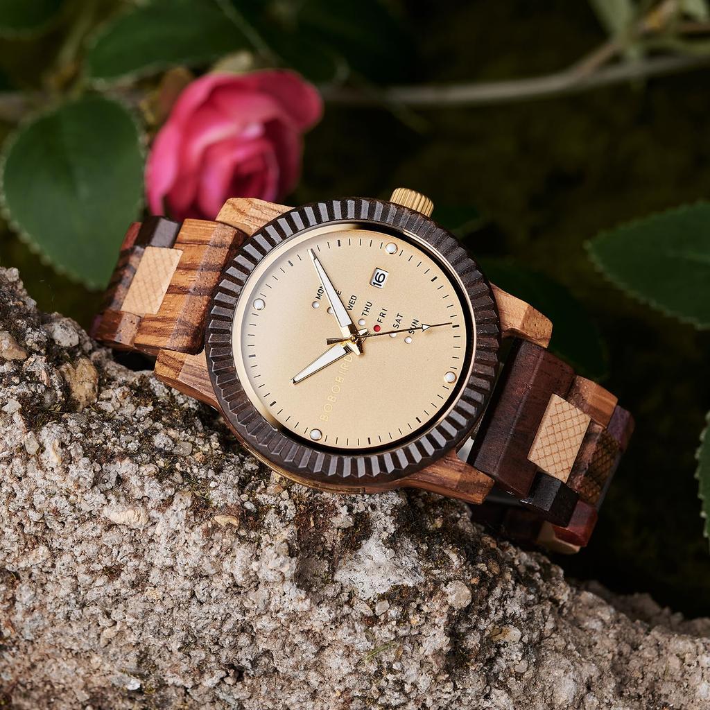 BOBO BIRD Wooden Watch Analog Quartz Day Calendar Display Lightweight Handmade Wooden Wristwatch Men's Men's (Beige)