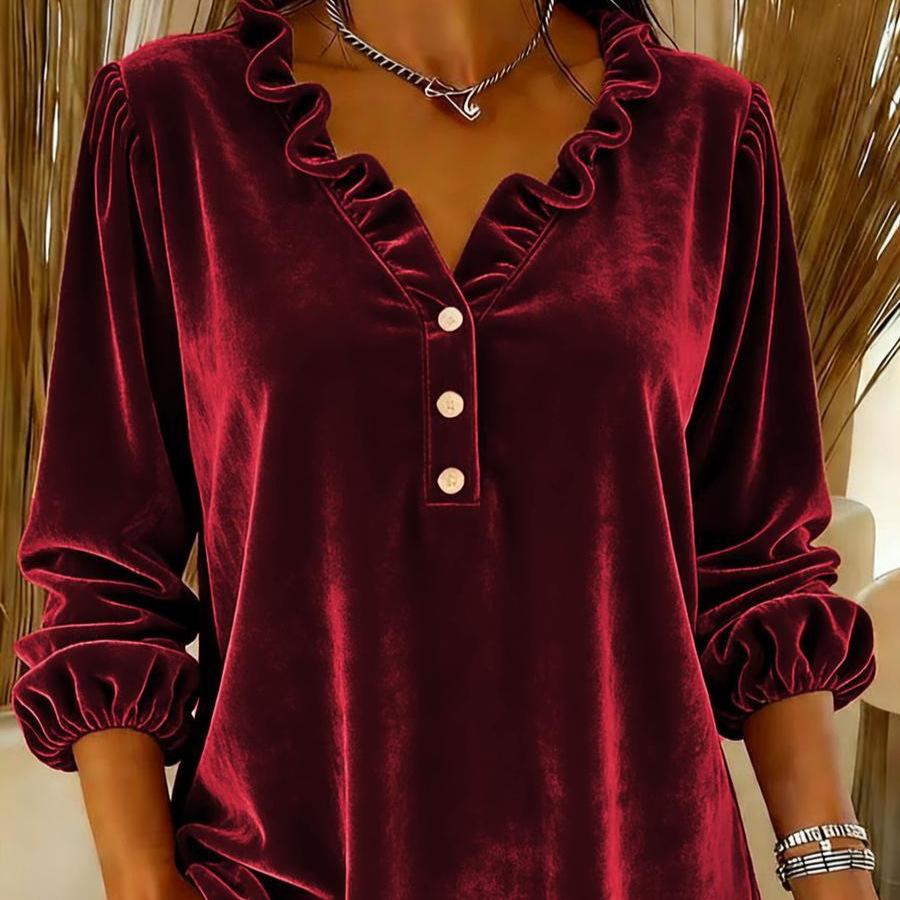 European and American women's clothing new solid color women's velvet ruffle edge collar long-sleeved V-neck top
