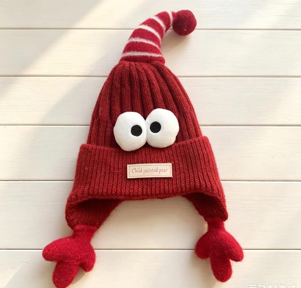 autumn and winter big eye ear protection knitted hat, baby cartoon little hand pointed elf hat, infant warm wool hat