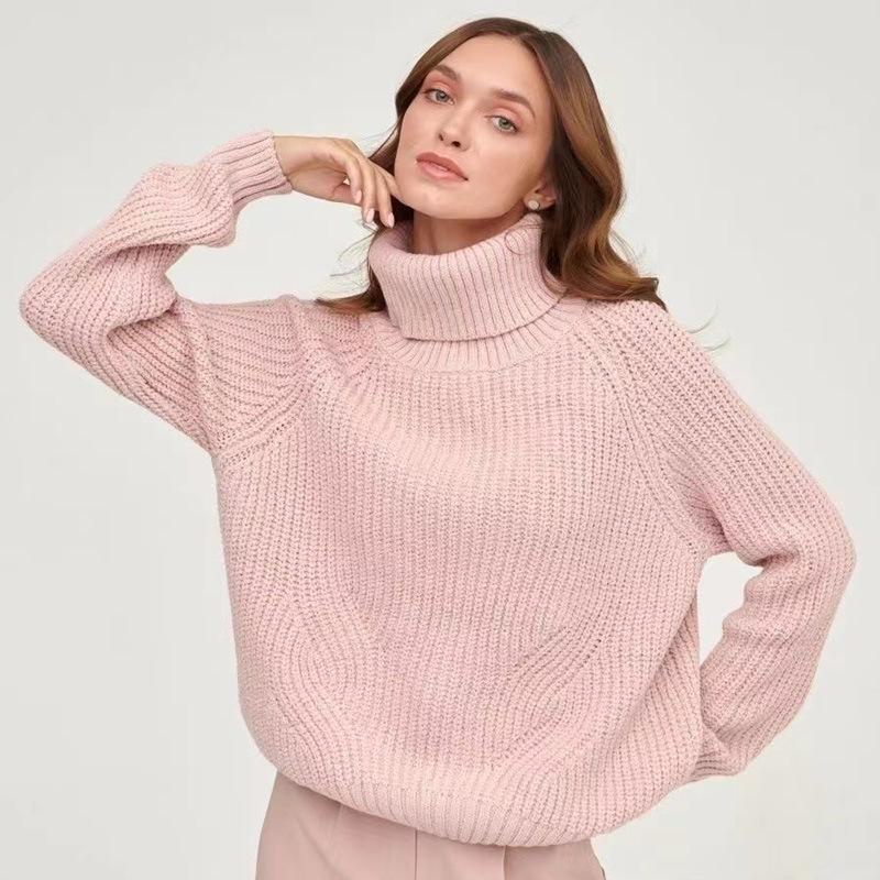 Women's Thick Knitted Turtleneck Sweater - Autumn/Winter Solid Color, Medium-Length, Casual Style.