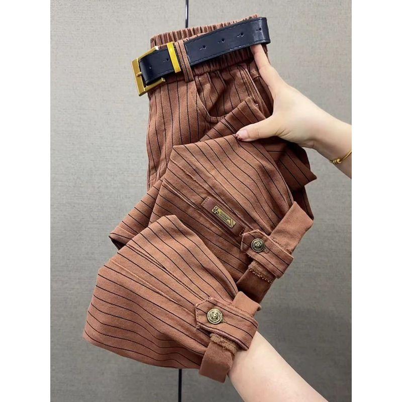 

Осенние полоски Чистый хлопок Свободные Зауженные Повседневные брюки с высокой талией Brick Red 3XL