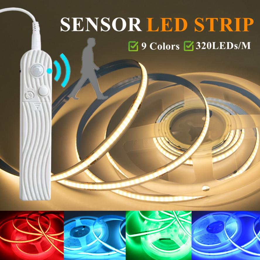 Smart COB LED Strip Light With Motion Sensor Adjustable Night Light For Bedroom Bed Headboard DIY Decor Lighting