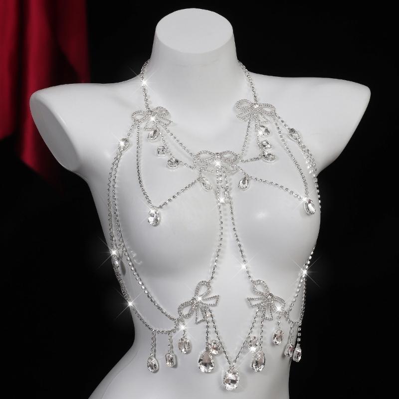 Multi Layer Rhinestones Bowknot Bikini Body Chain Chest Decoration For Women Bold Statement Jewelry Party Accessory
