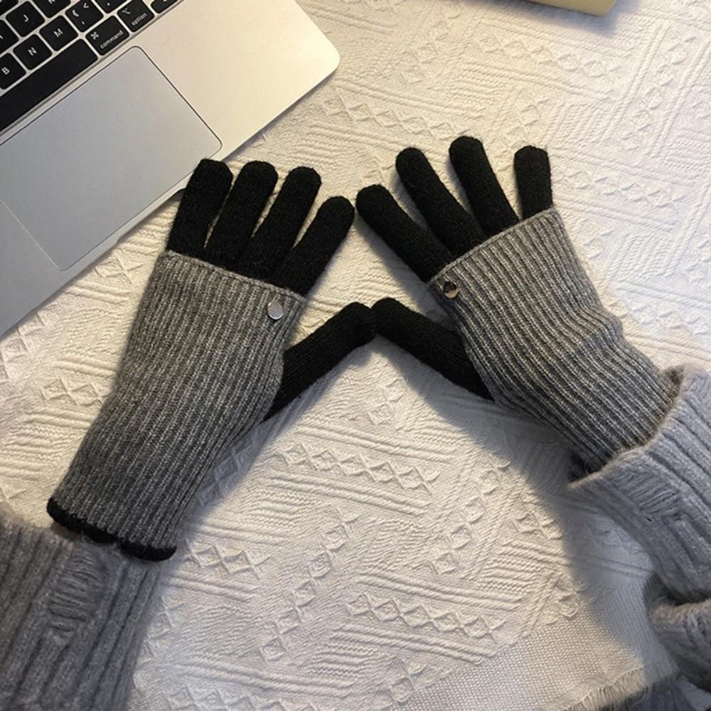 Patchwork Design Knit Gloves Maillard Earth Tone Open Finger Gloves for Students