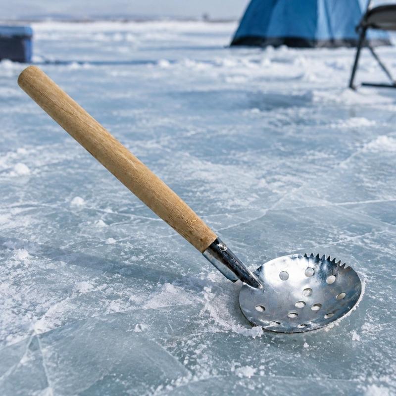 Metal Ice Hole Scoops for Winter Fishing with a Bowl-Shaped Perforated Head, Wood Handle, and Connector for Clearing Loose Ice and Debris