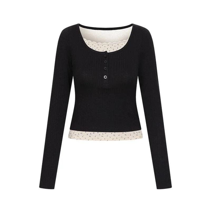 Camiseta de Manga Larga para Mujer Primavera y Otoño Estilo Francés Ajustada Ropa de Mujer con Falso Dos Encaje Y2k