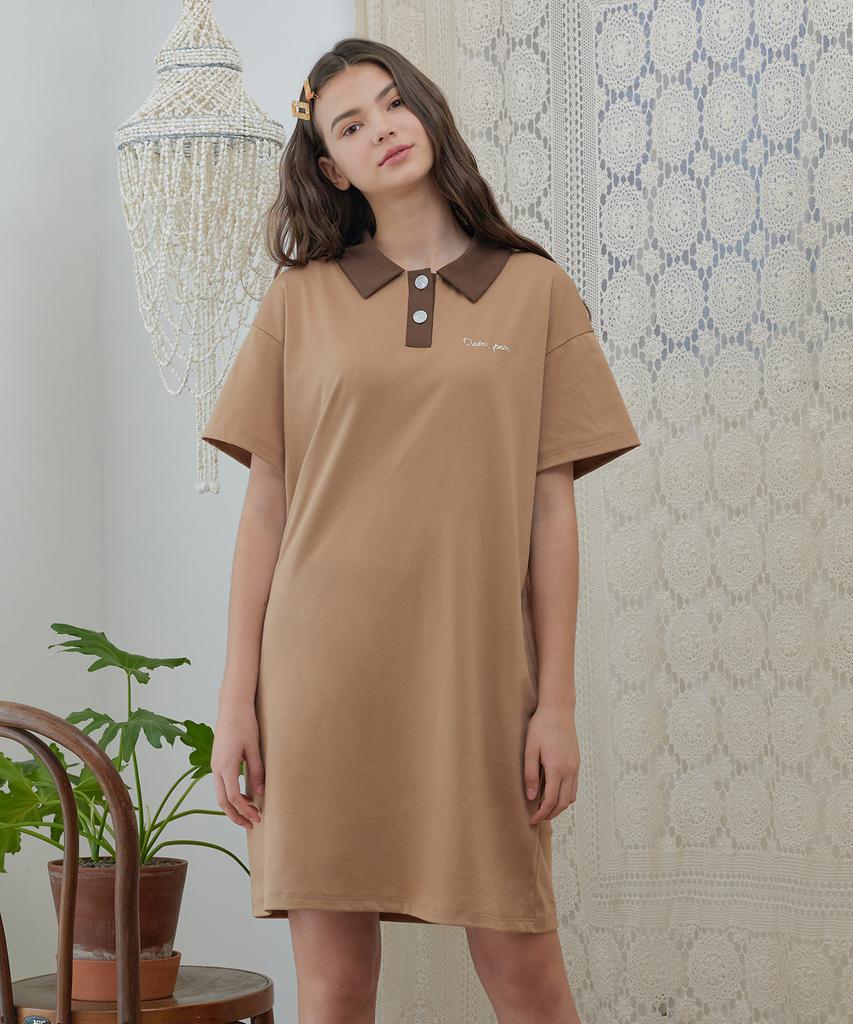 Dear Fear Button Collar T-Shirt Dress Beige