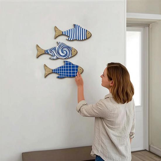 3 Pcs Summer Wooden Nautical Coastal Theme Fish Wall Decor Fish Wall Sculpture