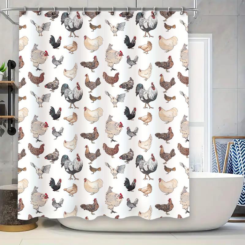 

Chicken Print Shower Curtain Farmhouse Decor Bath Mat Chicken Pattern Waterproof Fabric Curtains For Bathroom Decoration White ( W60H190(CM)-1 Pcs