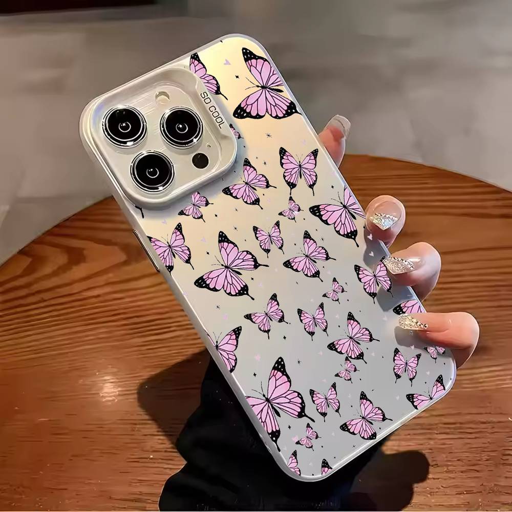 Cartoon Beatiful Butterfly Phone Case For iPhone 17 16 15 14 13 12 11 Pro Max Plus Silver candy Matte Cover